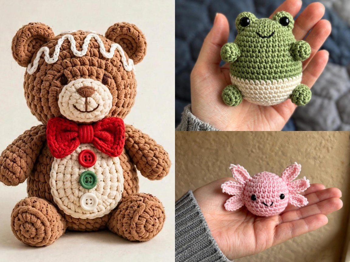Kawaii crochet frog, lilac alien and cream bunny on soft pastel pedestals with yarn and a crochet hook
